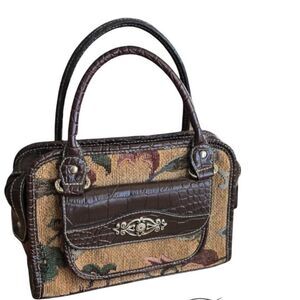 Vintage Floral Tapestry Handbag Cottagecore Brown Faux Croc Trim Bag
